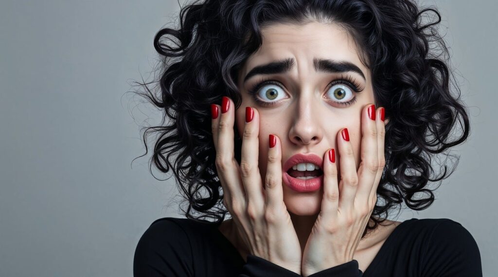 Woman holding face and looking panicked.