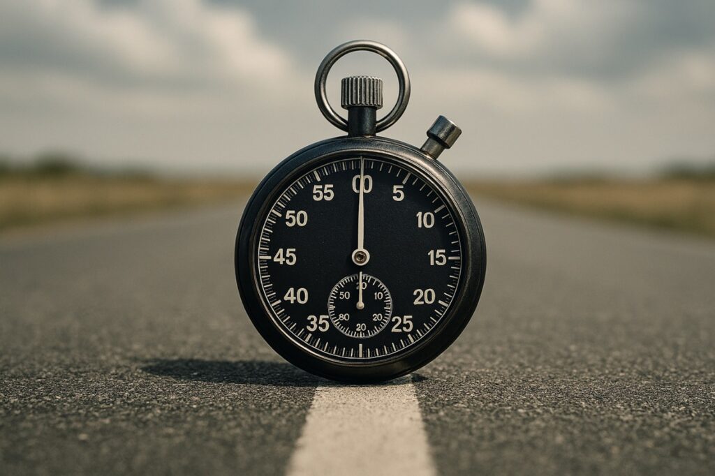A stopwatch sitting on the white line in the middle of a road.